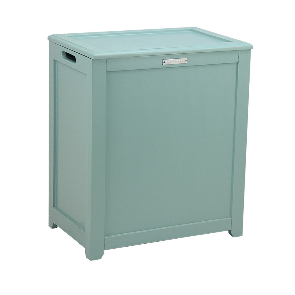 Turquoise wood storage laundry hamper with hinged lid and side handles for home organization