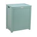 Turquoise wood storage laundry hamper with hinged lid and side handles for home organization