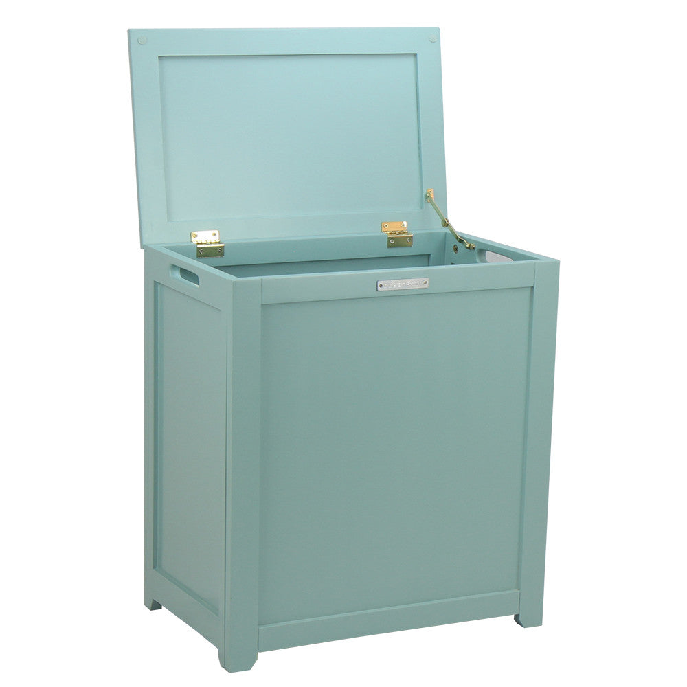 Turquoise wood storage laundry hamper with hinged lid and side handles for home organization — view 2