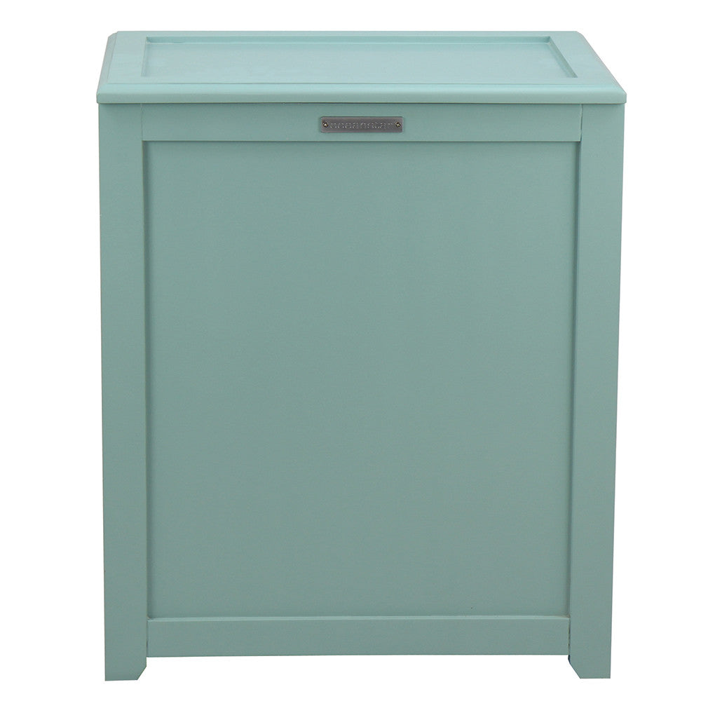Turquoise wood storage laundry hamper with hinged lid and side handles for home organization — view 3