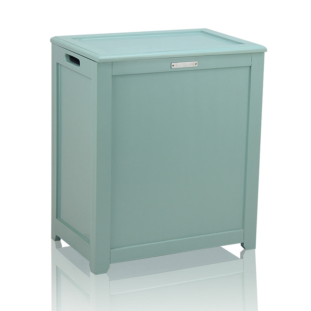 Turquoise wood storage laundry hamper with hinged lid and side handles for home organization — view 7