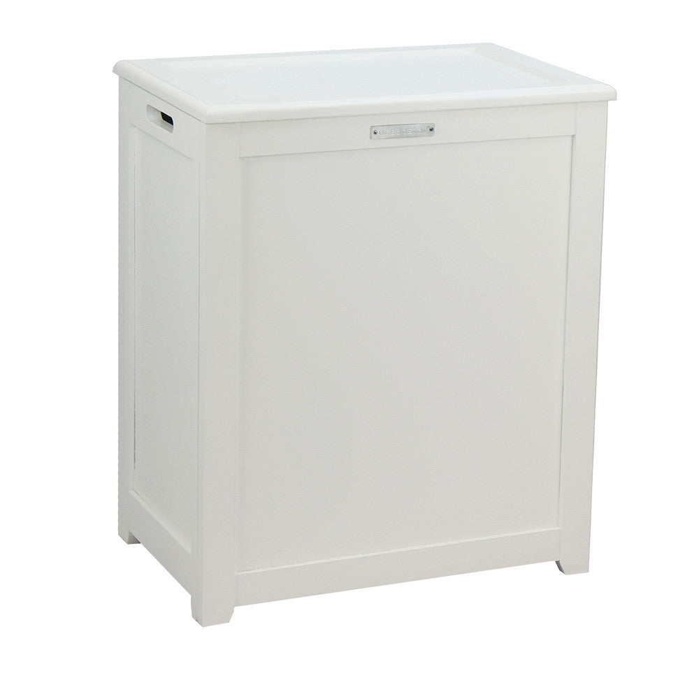 White wooden storage laundry hamper with hinged lid and side handles on raised legs