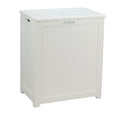 White wooden storage laundry hamper with hinged lid and side handles on raised legs
