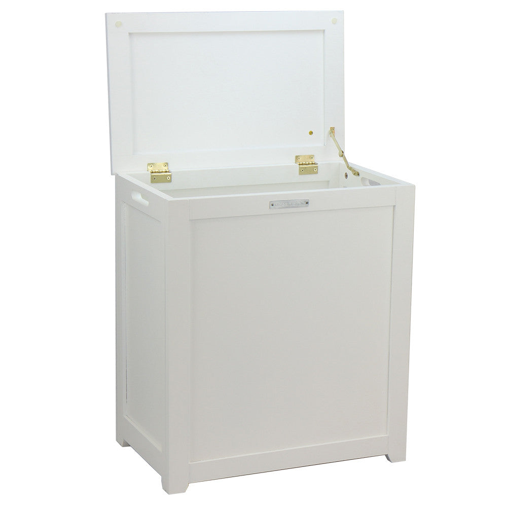 White wooden storage laundry hamper with hinged lid and side handles on raised legs — view 2
