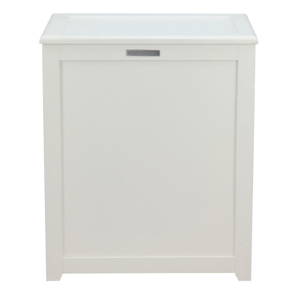 White wooden storage laundry hamper with hinged lid and side handles on raised legs — view 3