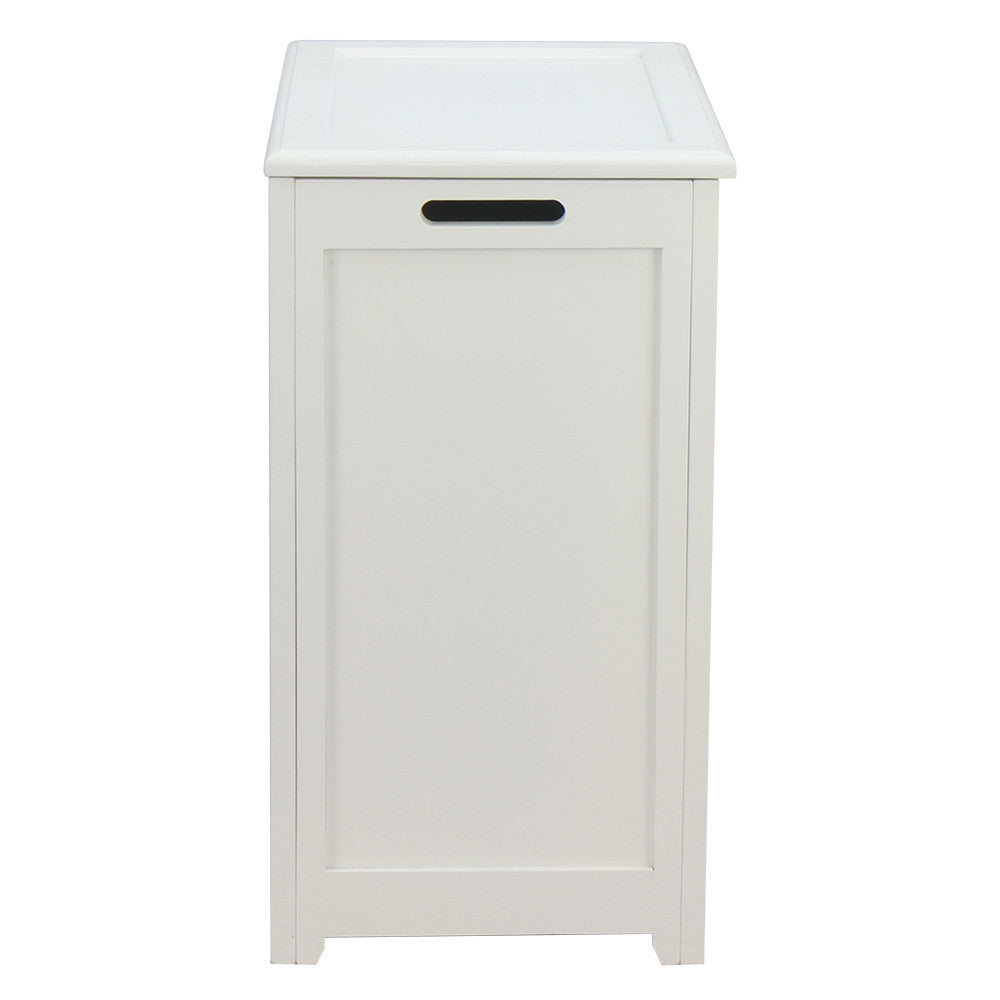 White wooden storage laundry hamper with hinged lid and side handles on raised legs — view 4
