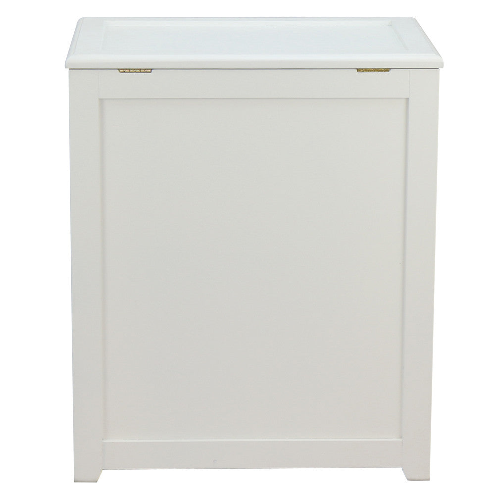 White wooden storage laundry hamper with hinged lid and side handles on raised legs — view 5