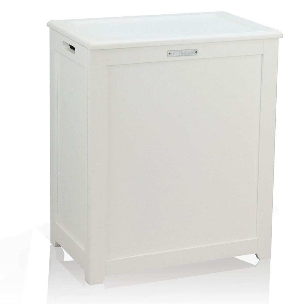 White wooden storage laundry hamper with hinged lid and side handles on raised legs — view 7