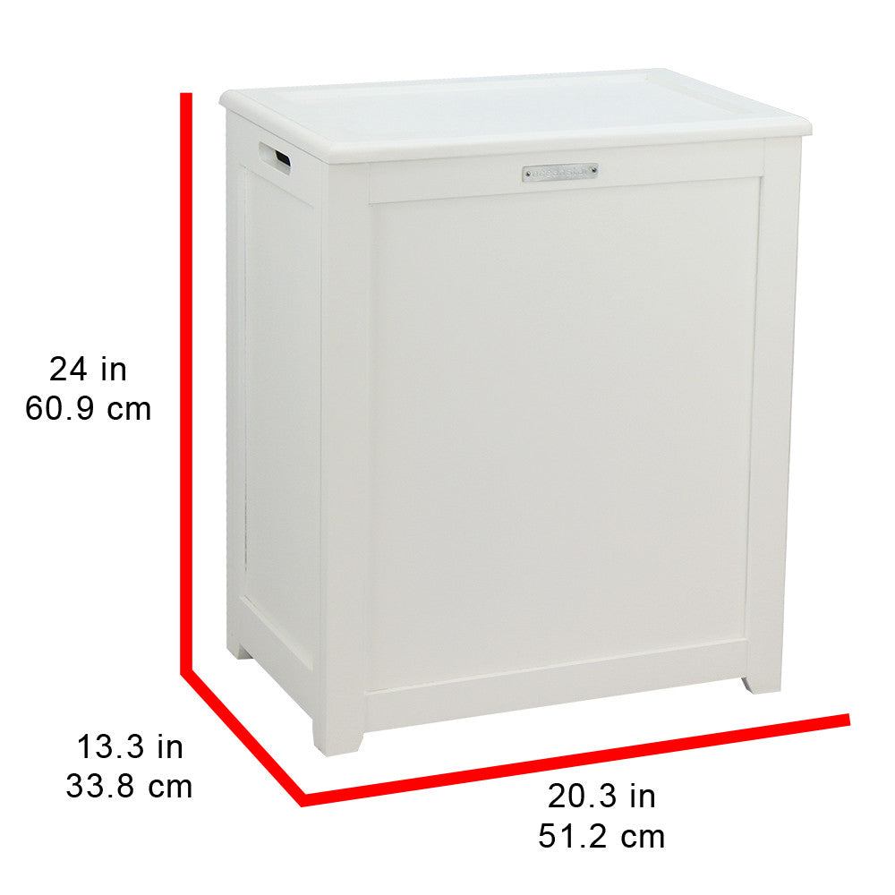 White wooden storage laundry hamper with hinged lid and side handles on raised legs — view 8
