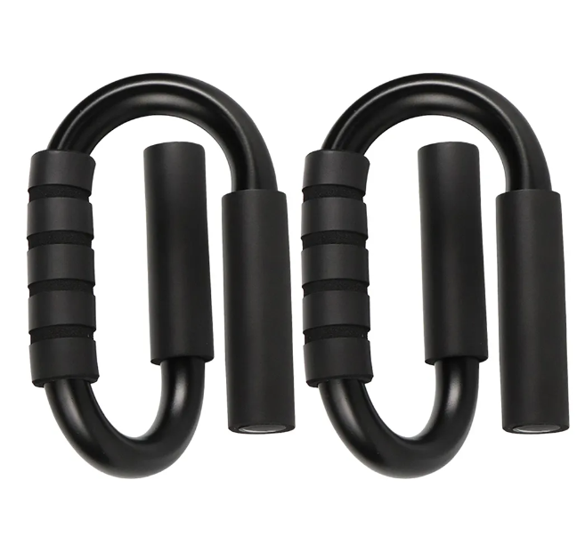 Black steel S-shape push-up handles with sweat-absorbent foam grips for upper body workouts