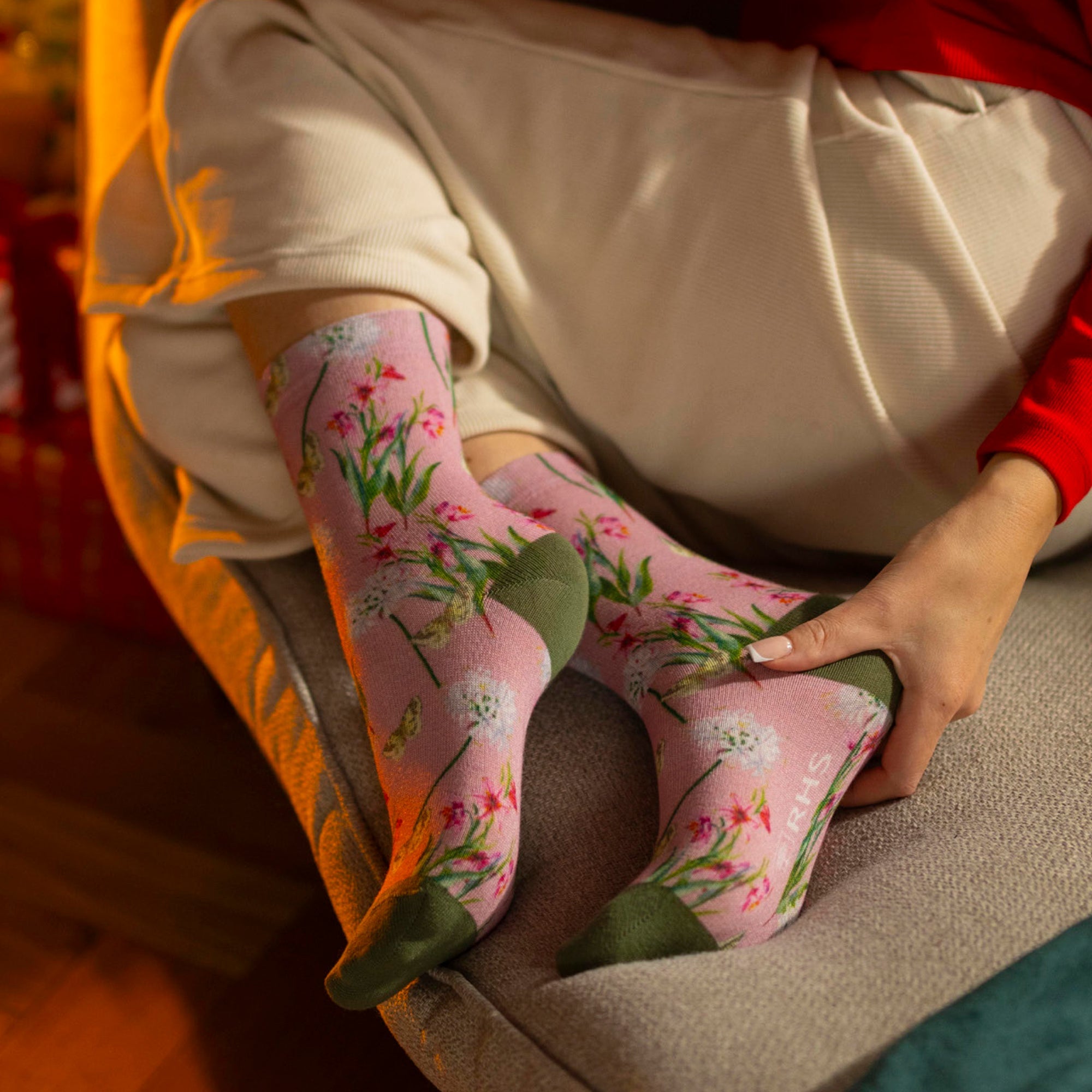 Colourful ladies novelty socks featuring a vibrant botanical floral print and soft elasticated top — view 3