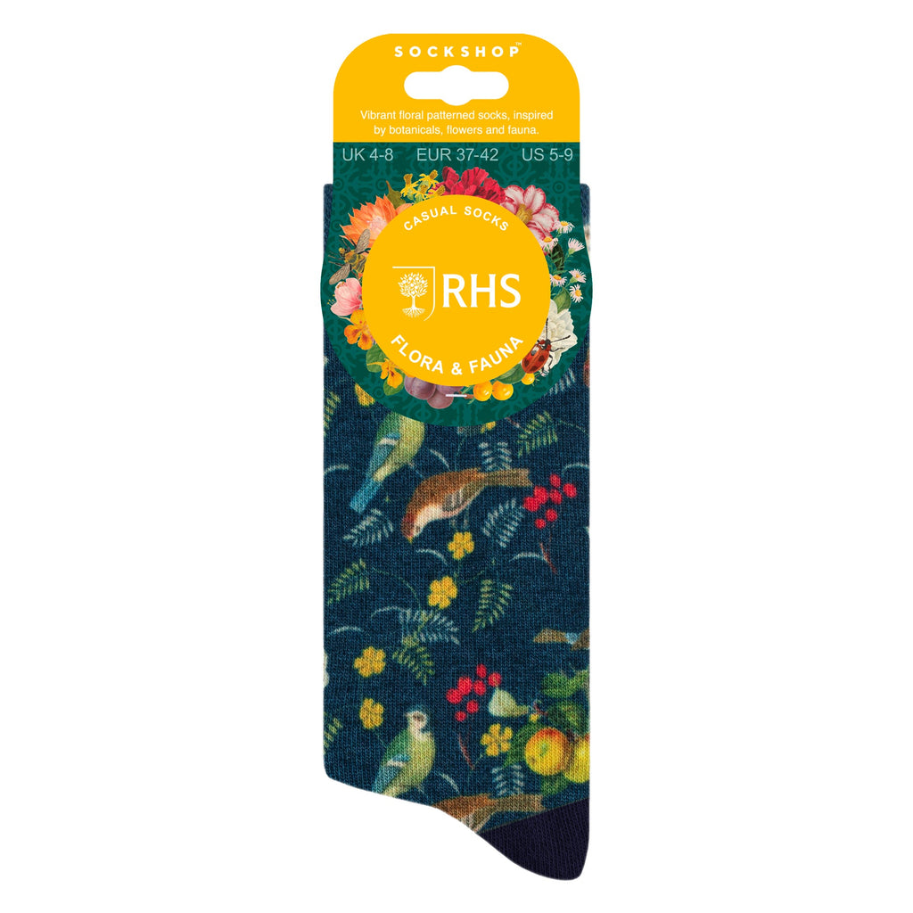 Colourful ladies novelty socks featuring a vibrant botanical floral print and soft elasticated top — view 2
