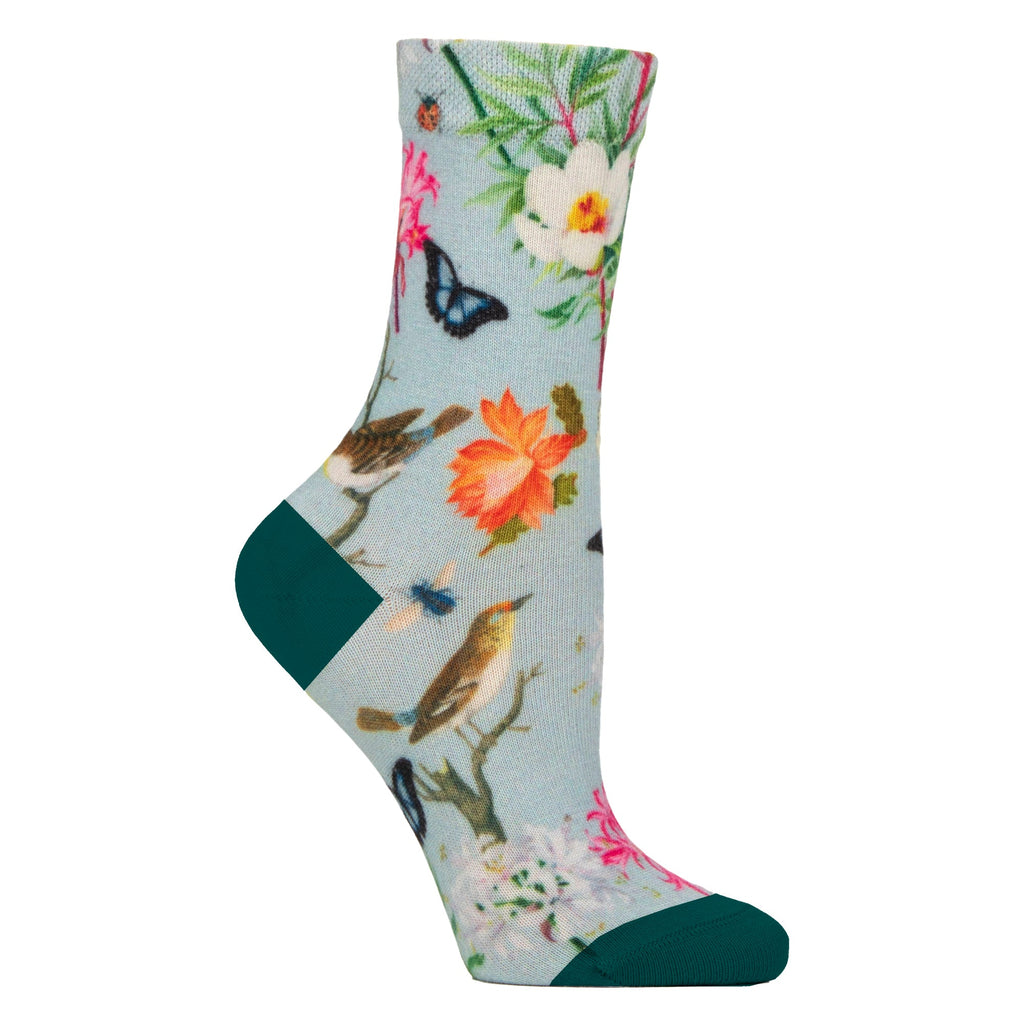 Colourful ladies novelty socks featuring a vibrant botanical floral print and soft elasticated top — view 4