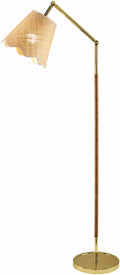 Renigunta contemporary floor lamp featuring a metallic brass iron base and natural beige woven jute shade