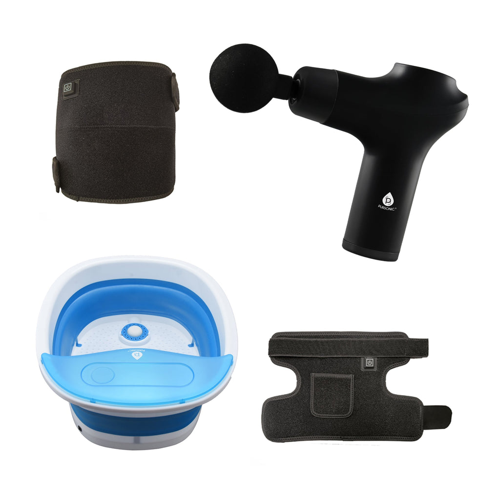 Pursonic home recovery kit with red light pads, massage gun, and collapsible foot spa