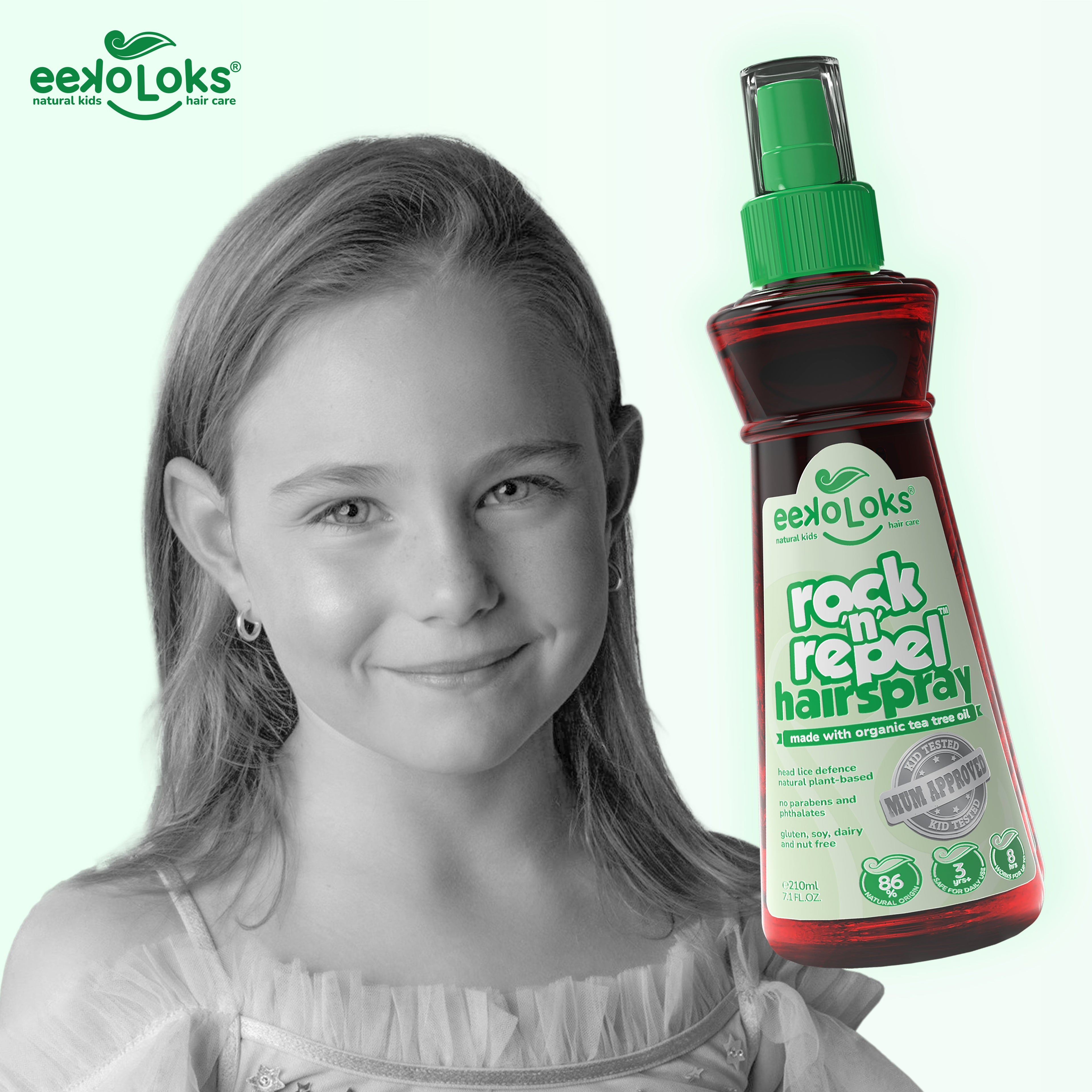Bottle of Rock’n’Repel organic plant-based kids hairspray for medium hold and daily hair protection — view 2