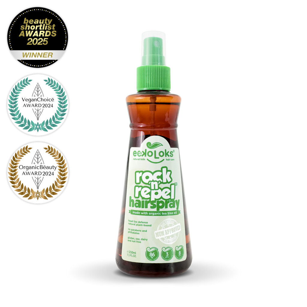 Bottle of Rock’n’Repel organic plant-based kids hairspray for medium hold and daily hair protection