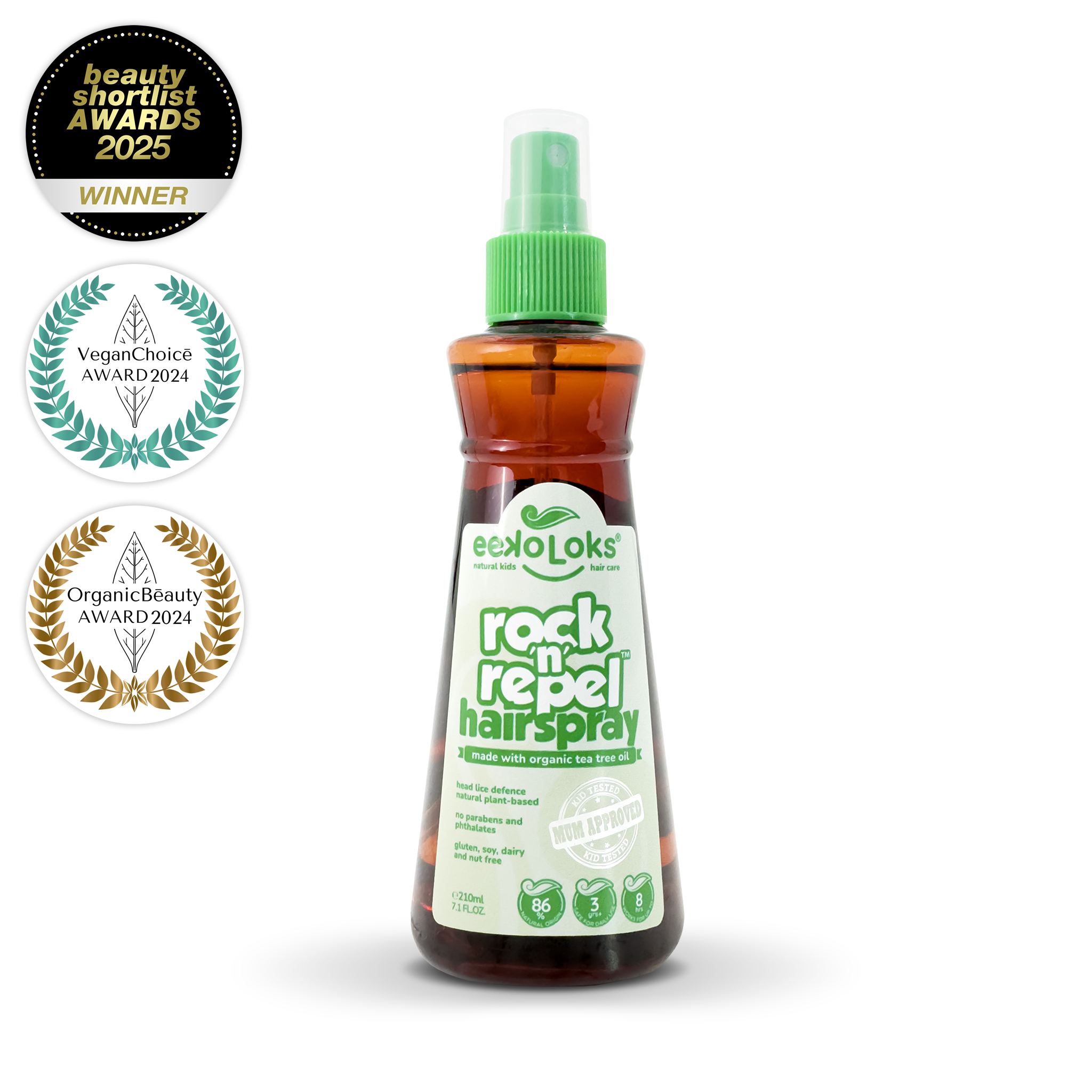 Bottle of Rock’n’Repel organic plant-based kids hairspray for medium hold and daily hair protection