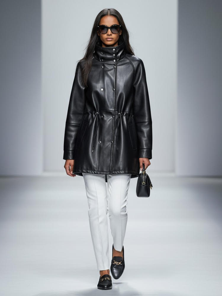 Matte black vegan leather three-quarter coat with high collar and adjustable waist tie for women