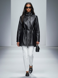 Matte black vegan leather three-quarter coat with high collar and adjustable waist tie for women