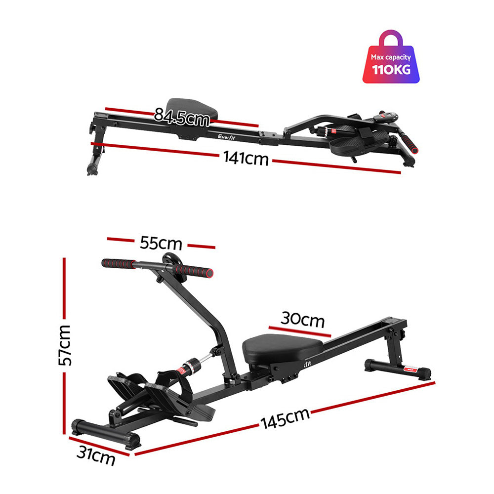 Everfit hydraulic rowing machine with steel glide rail and digital LCD monitor for home gyms — view 2