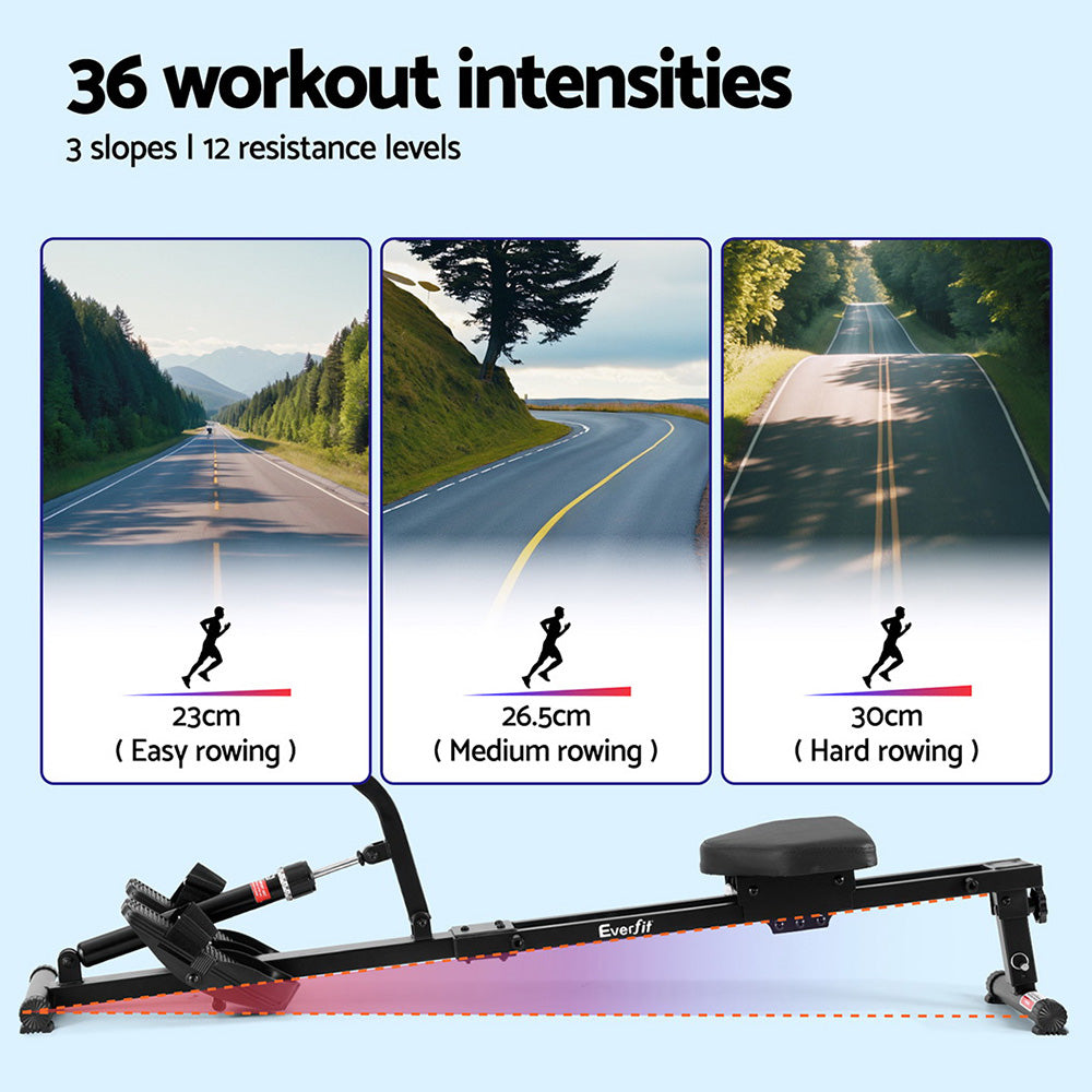 Everfit hydraulic rowing machine with steel glide rail and digital LCD monitor for home gyms — view 4