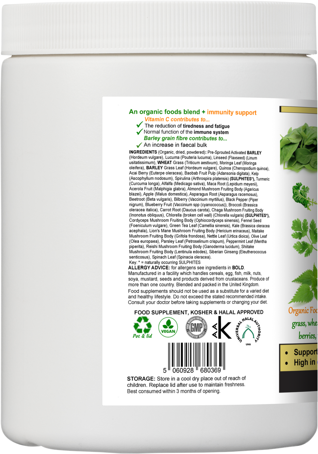 Container of organic Super Greens Protein Complex powder with fresh superfood ingredients. — view 3