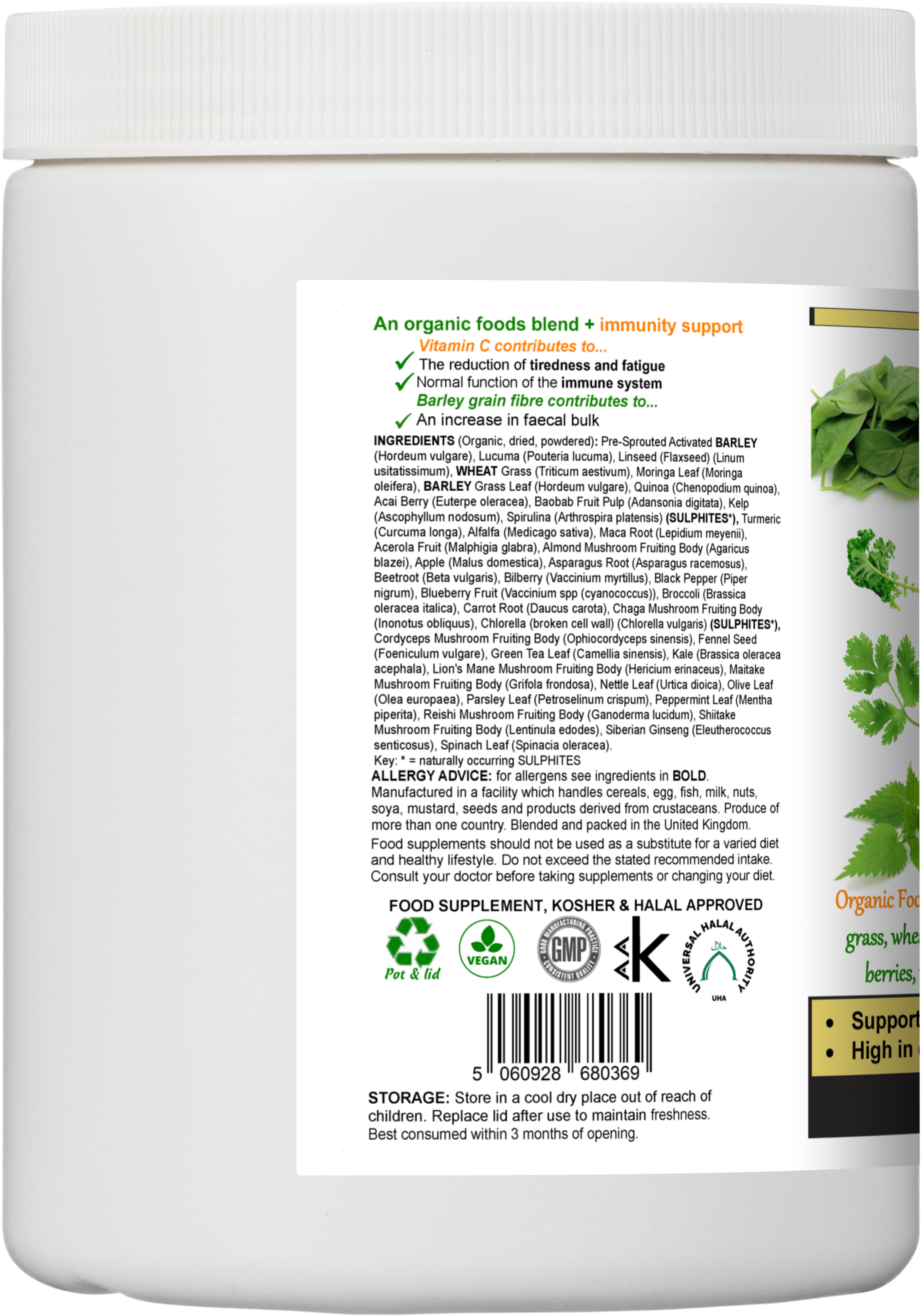 Container of organic Super Greens Protein Complex powder with fresh superfood ingredients. — view 3