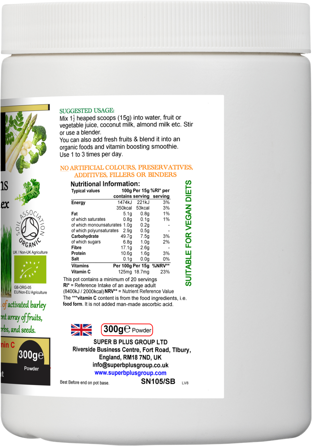 Container of organic Super Greens Protein Complex powder with fresh superfood ingredients. — view 4