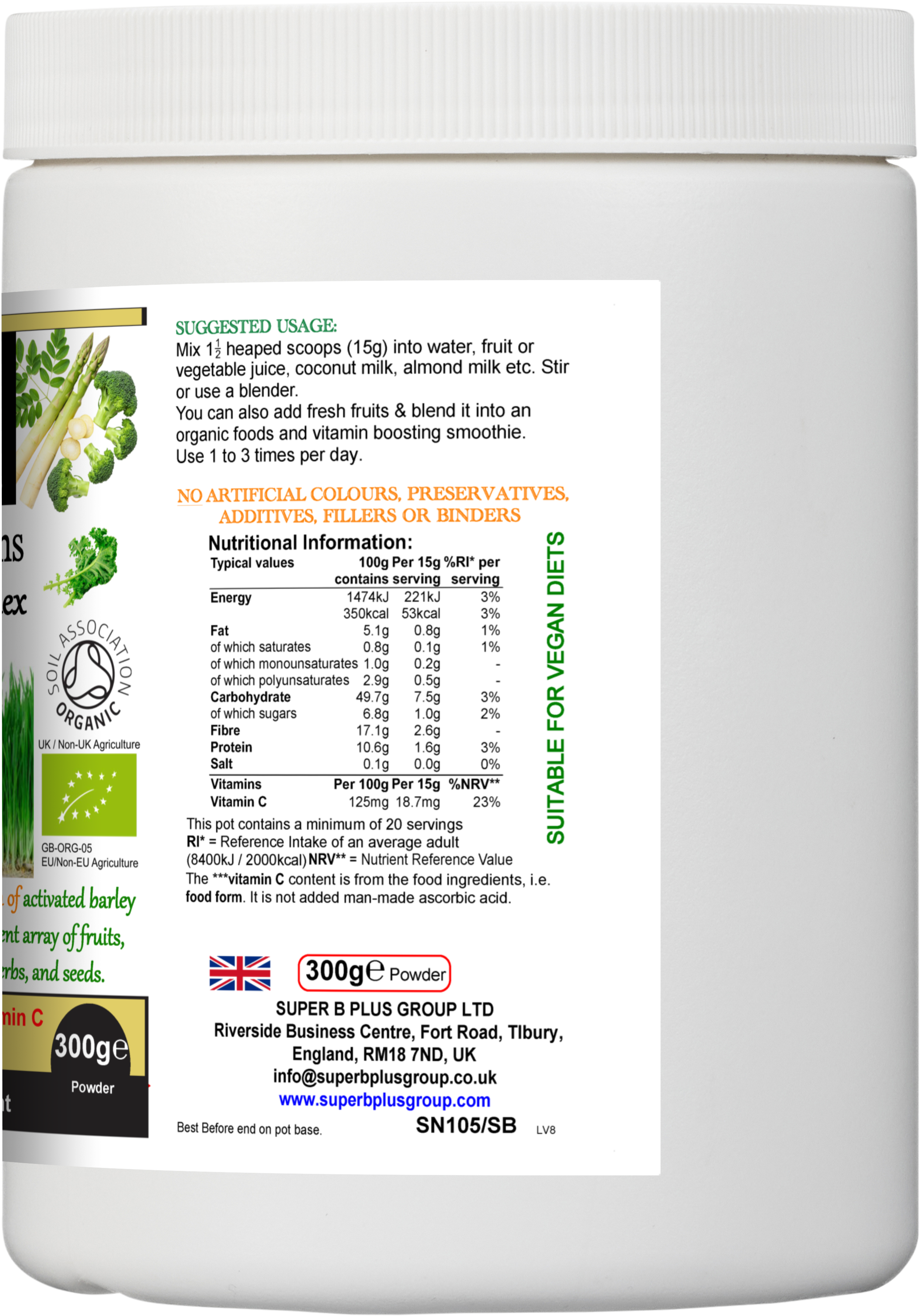 Container of organic Super Greens Protein Complex powder with fresh superfood ingredients. — view 4