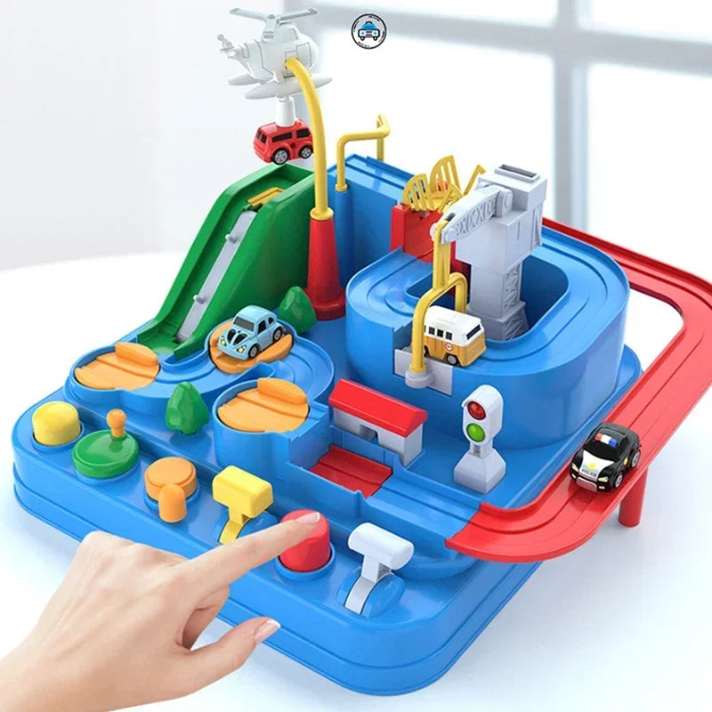 Blue interactive racing rail car educational toy set with mechanical track, space rocket, and animal figures — view 2