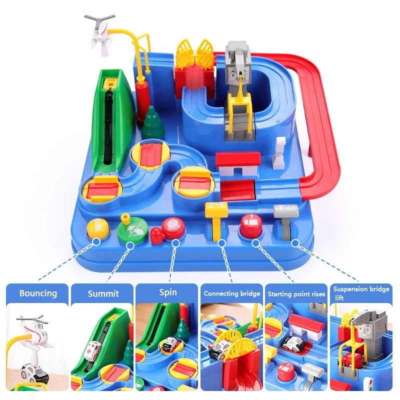 Blue interactive racing rail car educational toy set with mechanical track, space rocket, and animal figures — view 4