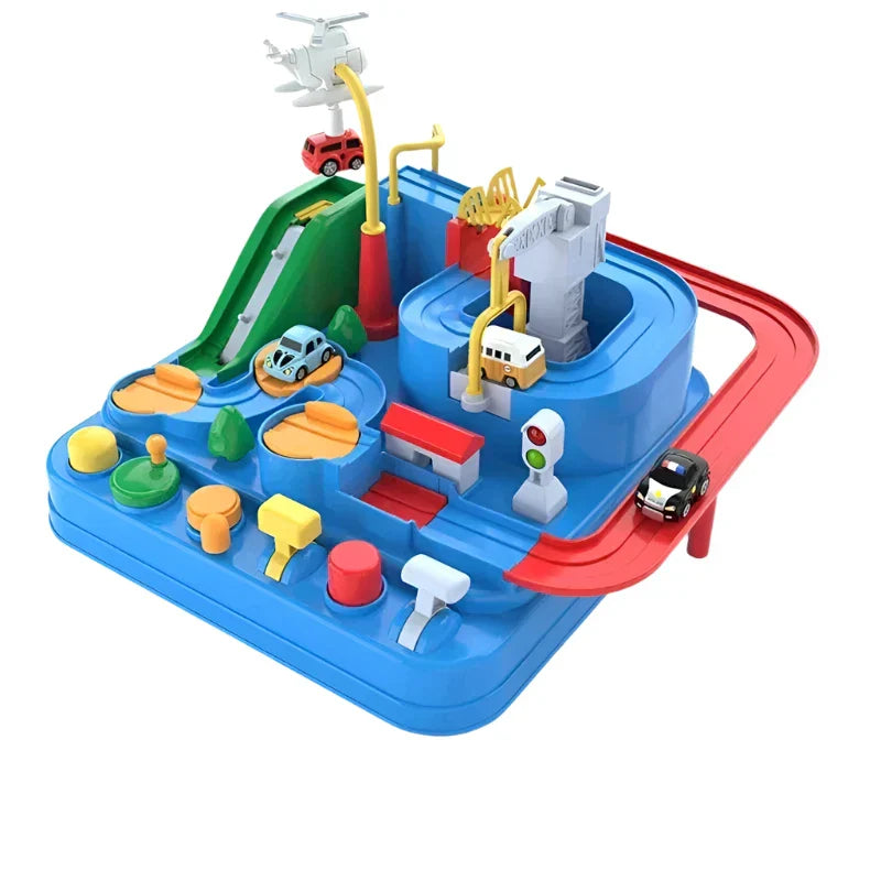Blue interactive racing rail car educational toy set with mechanical track, space rocket, and animal figures
