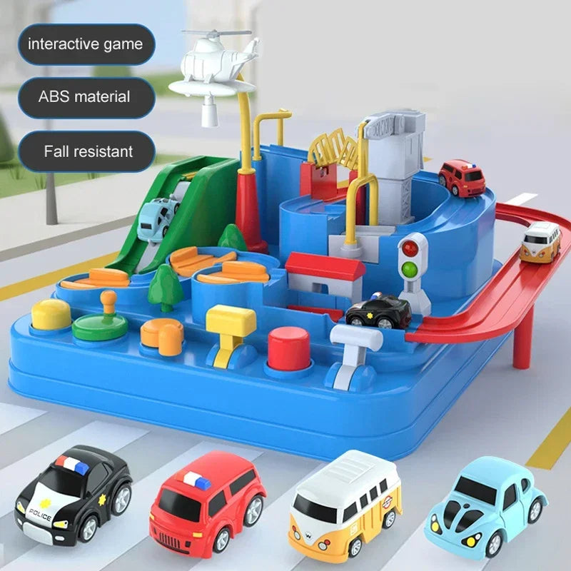 Blue interactive racing rail car educational toy set with mechanical track, space rocket, and animal figures — view 5