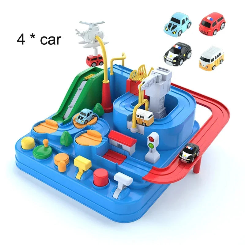 Blue interactive racing rail car educational toy set with mechanical track, space rocket, and animal figures — view 3