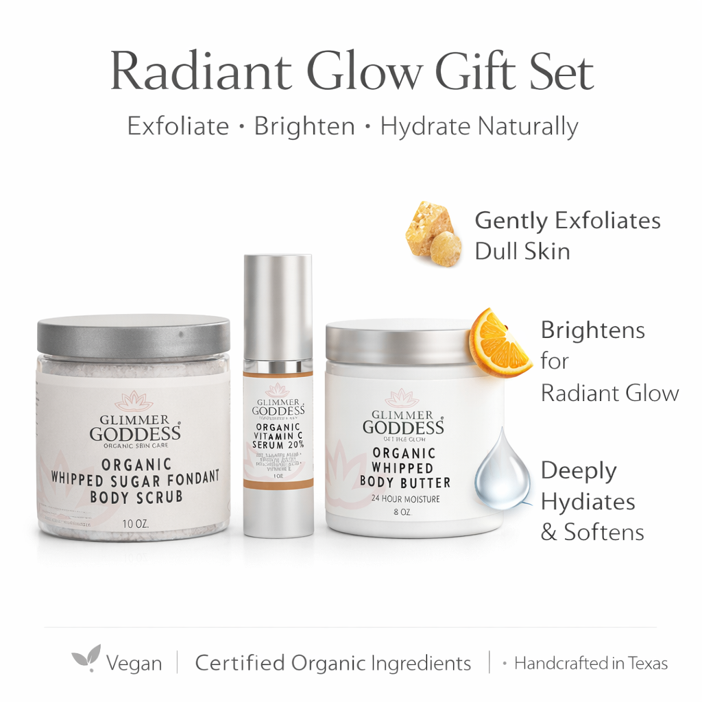 Organic skincare gift set including vitamin C serum, whipped sugar scrub, and hydrating body butter