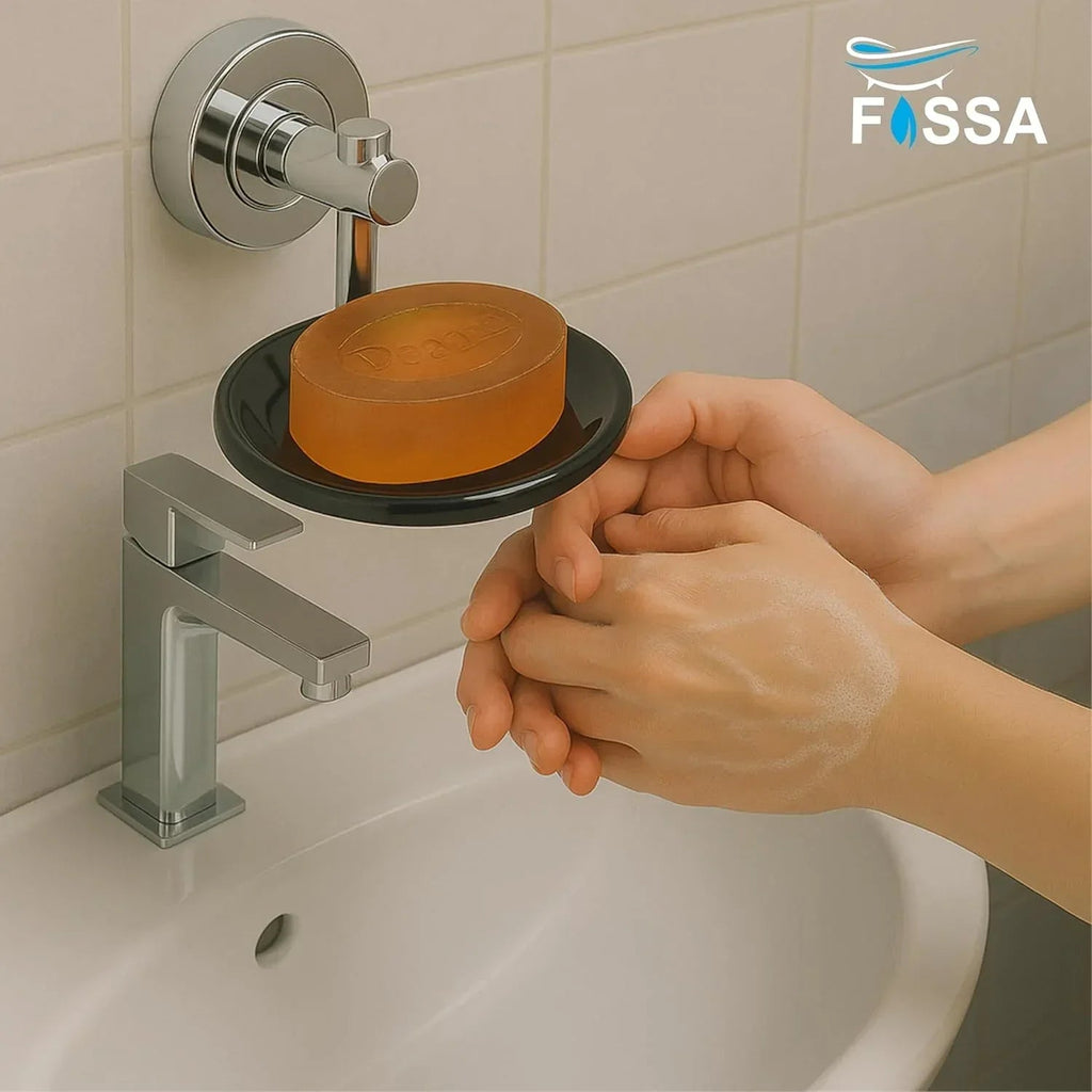 Round wall mounted stainless steel soap dish with a modern matte silver and black finish — view 2