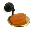 Round wall mounted stainless steel soap dish in matte black and gold finish for modern bathrooms
