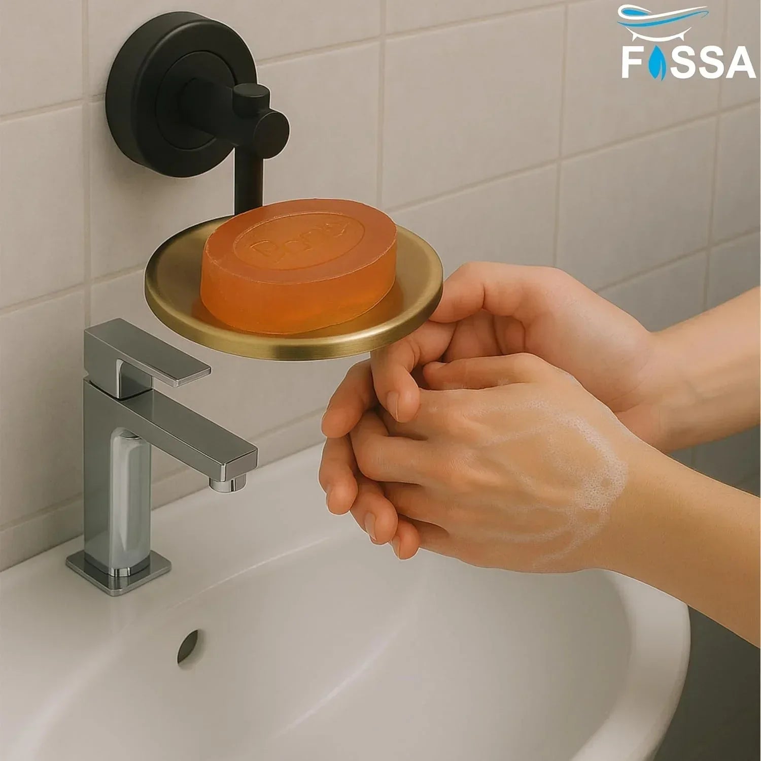 Round wall mounted stainless steel soap dish in matte black and gold finish for modern bathrooms — view 2