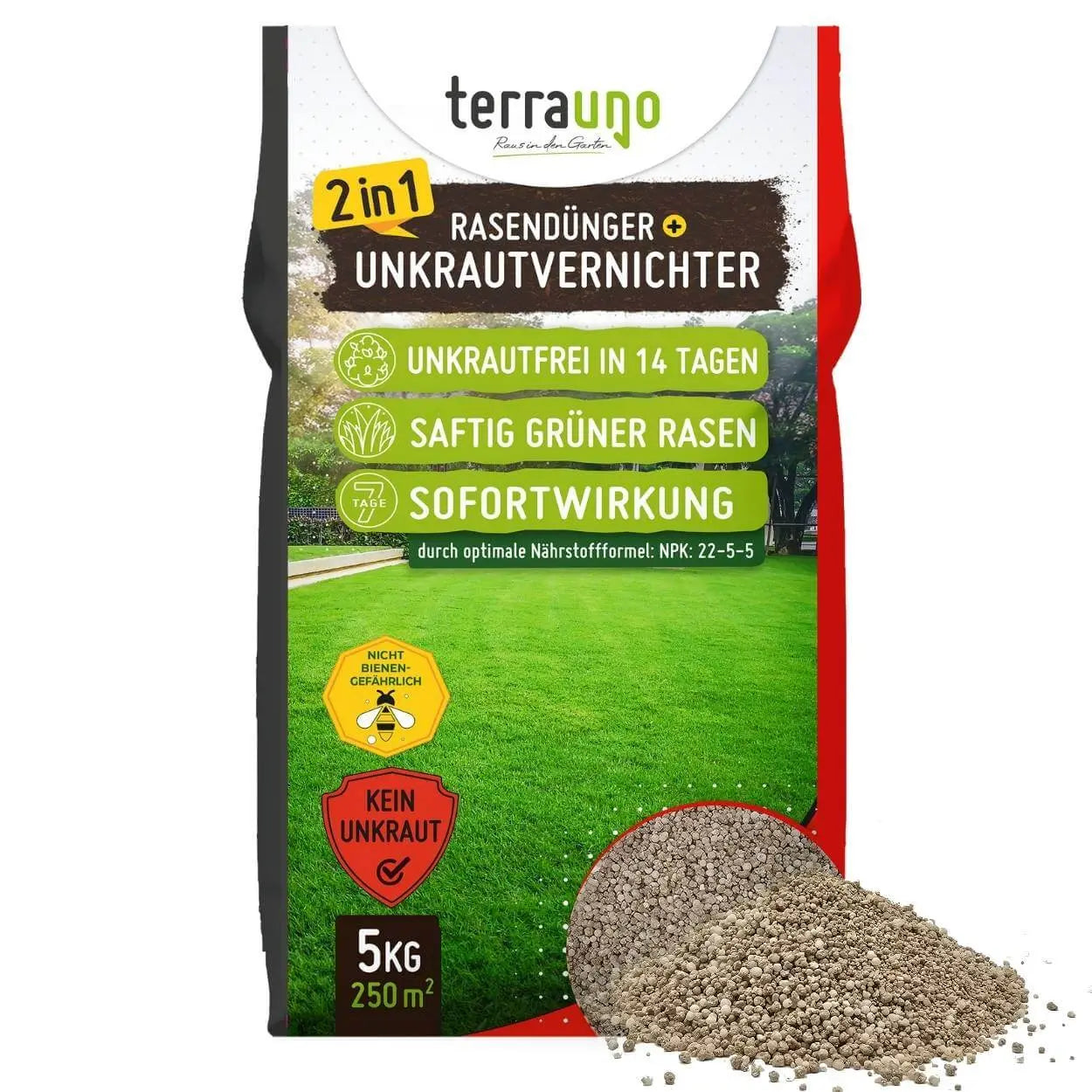 TerraUno lawn fertilizer and weed killer granular mix for thick, green, and healthy grass.