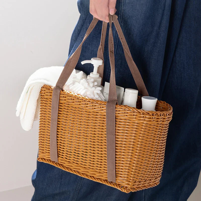 Rattan-like plastic picnic basket with handles for outdoor dining and stylish home storage organization — view 4