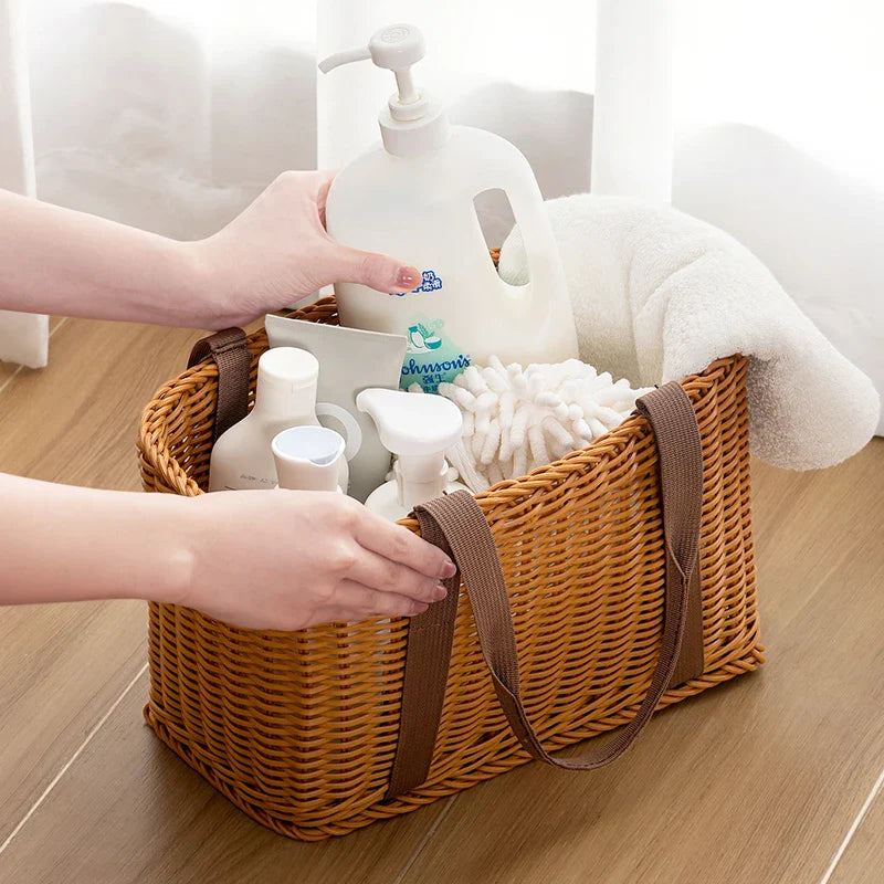 Rattan-like plastic picnic basket with handles for outdoor dining and stylish home storage organization — view 5