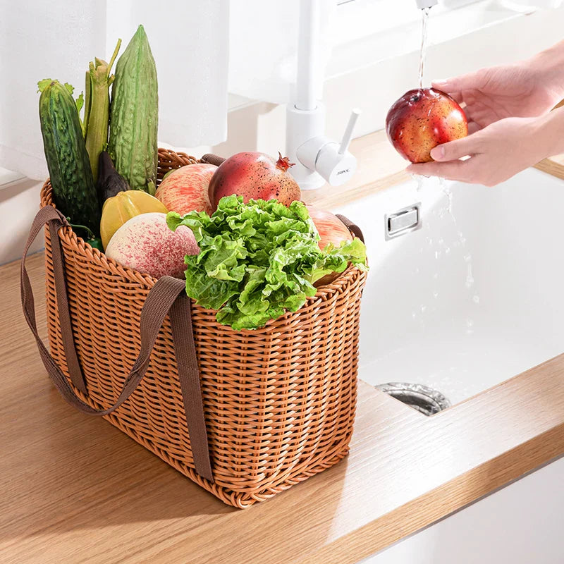 Rattan-like plastic picnic basket with handles for outdoor dining and stylish home storage organization — view 2