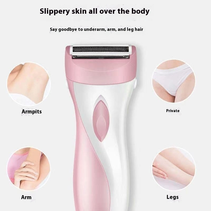 Rechargeable electric body shaver in pink or purple, designed for painless hair removal and grooming.