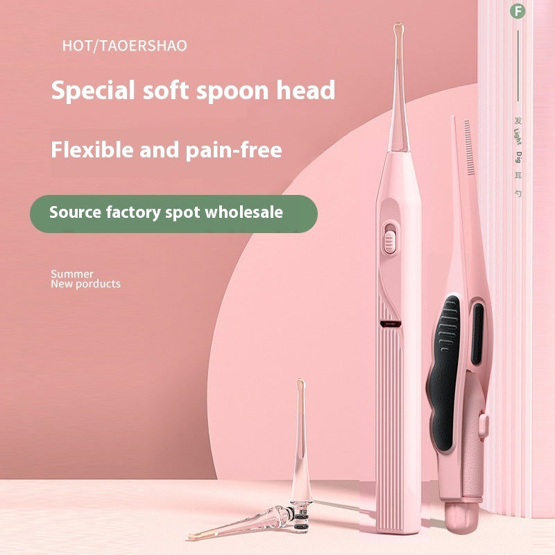 Rechargeable luminous ear cleaning tool with soft interchangeable tips and compact storage box