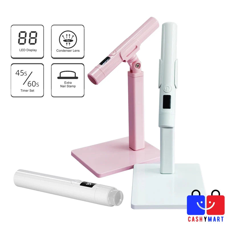 Rechargeable mini UV LED nail lamp with USB charger, stand, and silicone heads.
