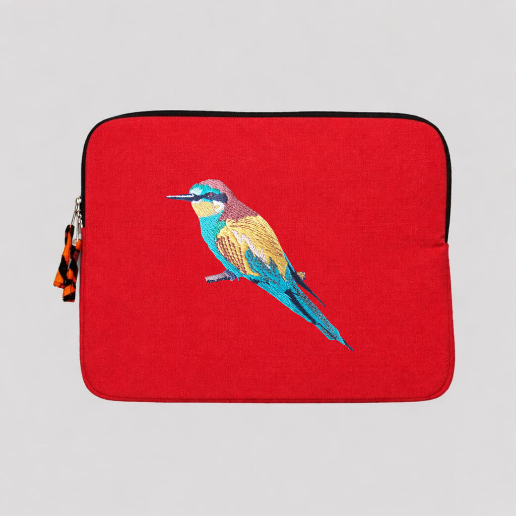 Bee eater laptop sleeve crafted from cotton canvas featuring detailed bird embroidery in earthy colors. — view 2