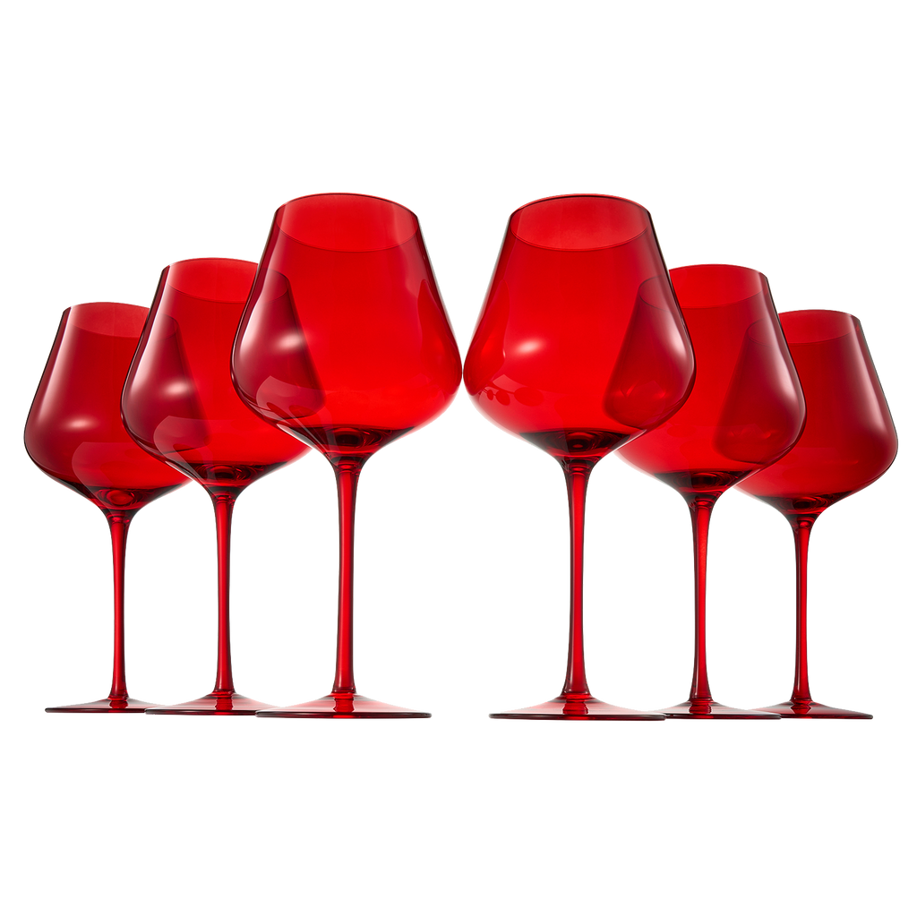 Set of six large bright red crystal wine glasses with tall stems and wide bowls