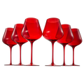 Set of six large bright red crystal wine glasses with tall stems and wide bowls