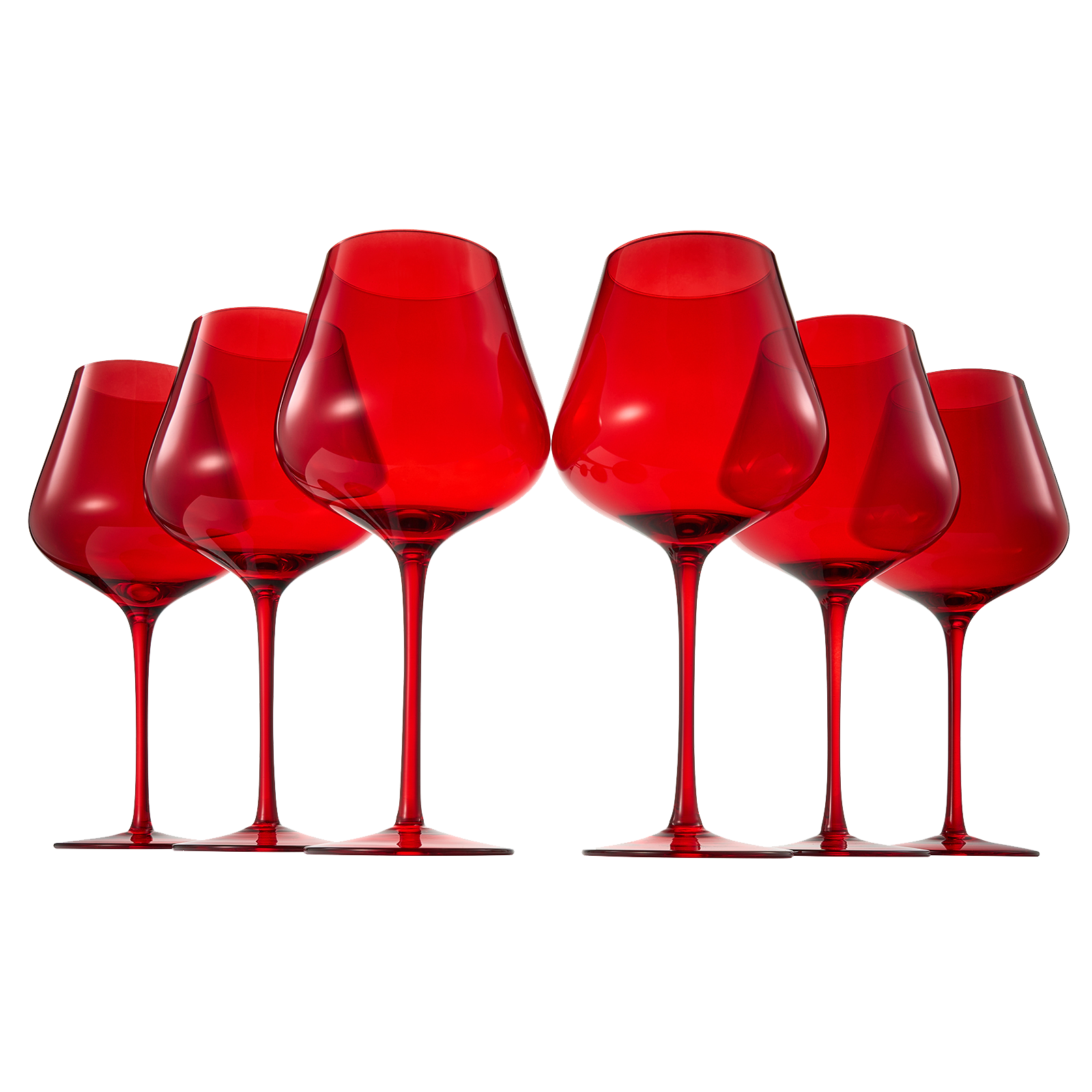 Set of six large bright red crystal wine glasses with tall stems and wide bowls
